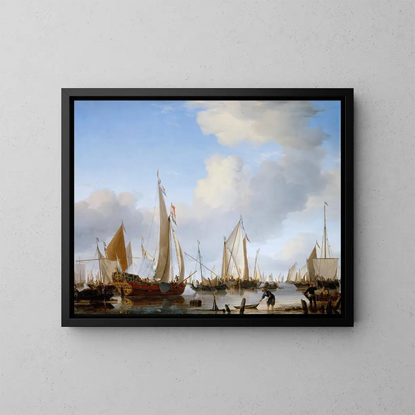 a calm sailing yacht near the coast with many other ships - Willem van de Velde the Younger — framed artwork on a wall