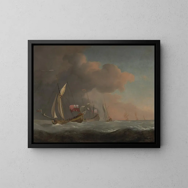 English Royal Yachts in the Sea in Stormy Weather with a Ship Flying the Royal Flag - Willem van de Velde the Younger — framed artwork on a wall