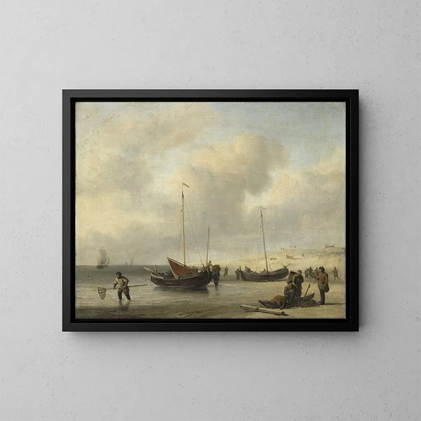Fishing boats on the beach - Willem van de Velde the Younger — framed artwork on a wall