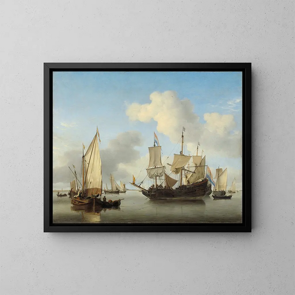 Boats at anchor on the coast - Willem van de Velde the Younger — framed artwork on a wall