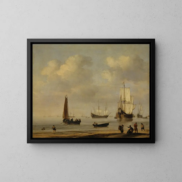Three-masted ships and fishing boats in calm - Willem van de Velde the Younger — framed artwork on a wall