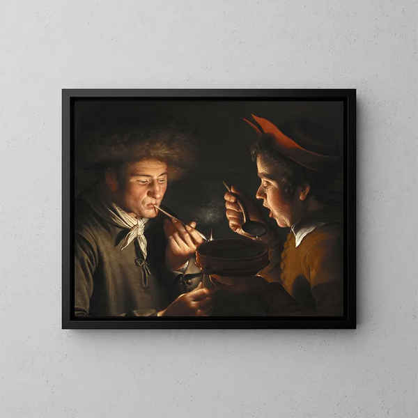 Un hombre fumando y otro hombre comiendo a la luz de las velas - Willem van der Vliet — cuadro enmarcado en la pared