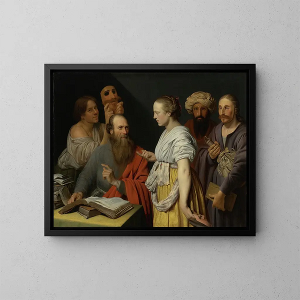 Un erudito en su estudio con figuras enmascaradas, quizás una alegoría - Willem van der Vliet — cuadro enmarcado en la pared