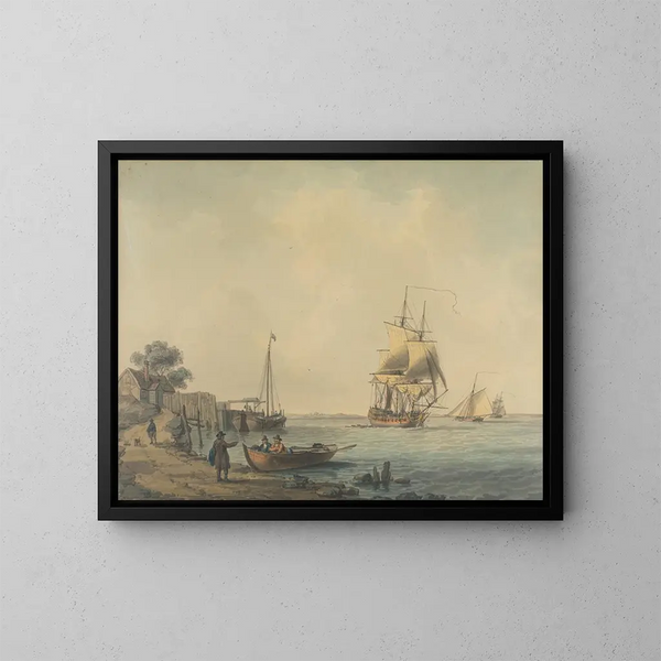 a painting of a two-deck boat sailing in the estuary with characters on the beach in the foreground - William Anderson — framed artwork on a wall