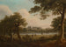 Hunters in a wooded river landscape, a country house in the distance - William Ashford — artwork view