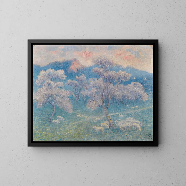 ovejas bajo los almendros - William Degouve de Nuncques — cuadro enmarcado en la pared