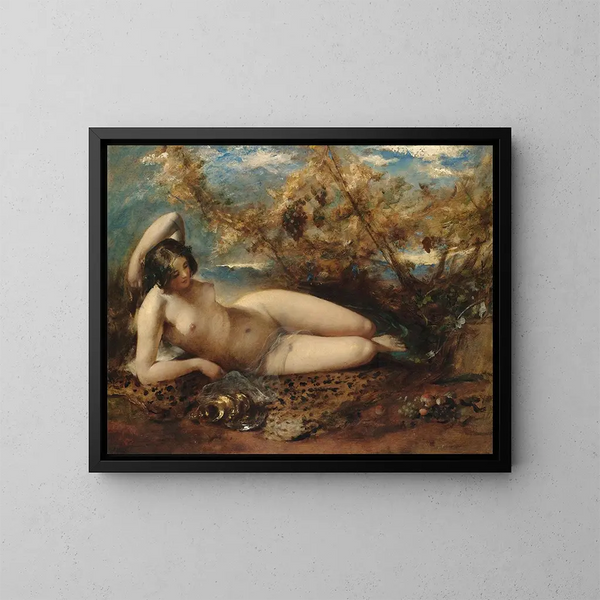 Una joven mujer acostada sobre una alfombra de piel - William Etty — cuadro enmarcado en la pared