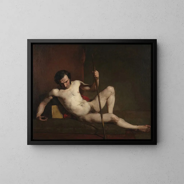 Nu masculino apoyado en un bastón - William Etty — cuadro enmarcado en la pared