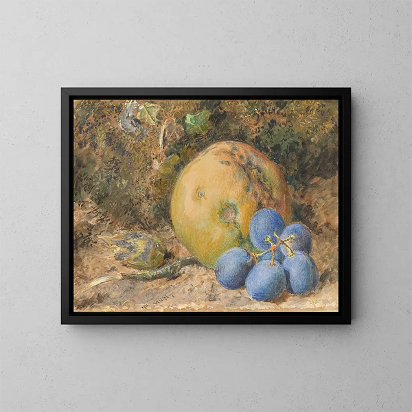 a painting of an apple, grapes, and a hazelnut on a moss bench - William Henry Hunt — framed artwork on a wall