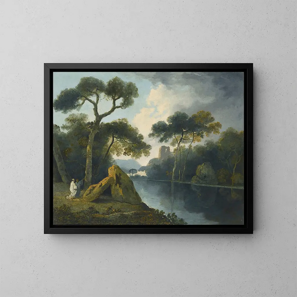 Un paisaje fluvial con monjes conversando cerca de megalitos con ruinas a lo lejos - William Hodges — cuadro enmarcado en la pared