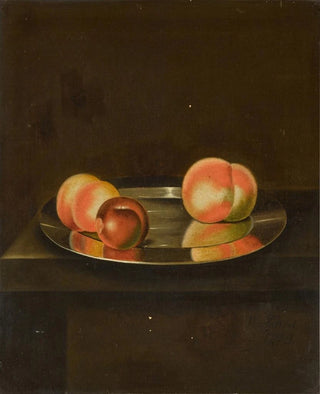 William Jones of Bath - A still life with peaches and a plum on a pewter plate on a ledge.webp