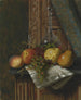Naturaleza muerta con frutas y una jarra en papel periódico de Múnich - William Michael Harnett — vista de la obra