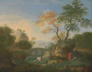 William Smith - A Landscape with Distant Classical Ruins a Bridge Figures and Cattle.webp