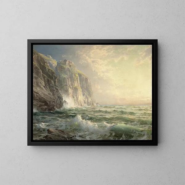 de acantilados rocosos con mar tempestuosa en Cornualles - William Trost Richards — cuadro enmarcado en la pared