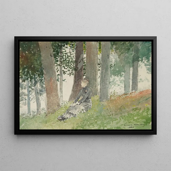 Joven chica sentada en un bosque - Winslow Homer — cuadro enmarcado en la pared