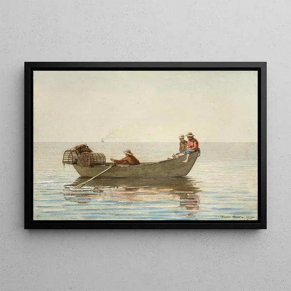 Three Boys in a Doric with Lobster Cages - Winslow Homer — framed artwork on a wall