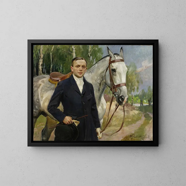 retrato de Bronisaw Krystall con un caballo - Wojciech Kossak — cuadro enmarcado en la pared