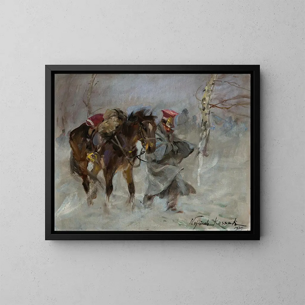 Uhlan guiando un caballo - Wojciech Kossak — cuadro enmarcado en la pared