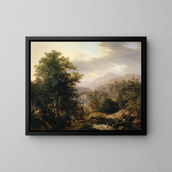 Paisaje montañoso con figuras de personajes y arroyo - Wolfgang Adam Töpffer — cuadro enmarcado en la pared