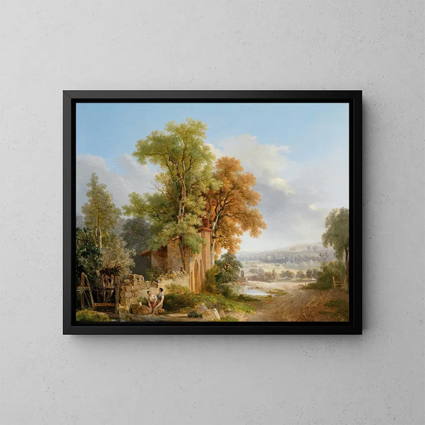 Lavadoras frente a un vasto paisaje - Wolfgang Adam Töpffer — cuadro enmarcado en la pared