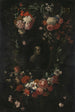 a sculpted bust of the Blessed Hieronymus Werdanus in a faux stone cartouche decorated with a garland and two bouquets of flowers - Wouter Gysaerts — artwork view