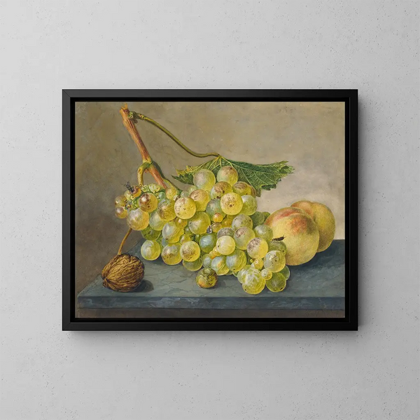 Una racimo de uvas, una nuez y dos duraznos - Wybrand Hendriks — cuadro enmarcado en la pared