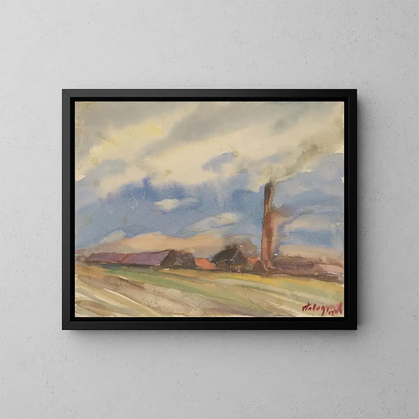 View of the brown village from the fields - Zolo Palugyay — framed artwork on a wall