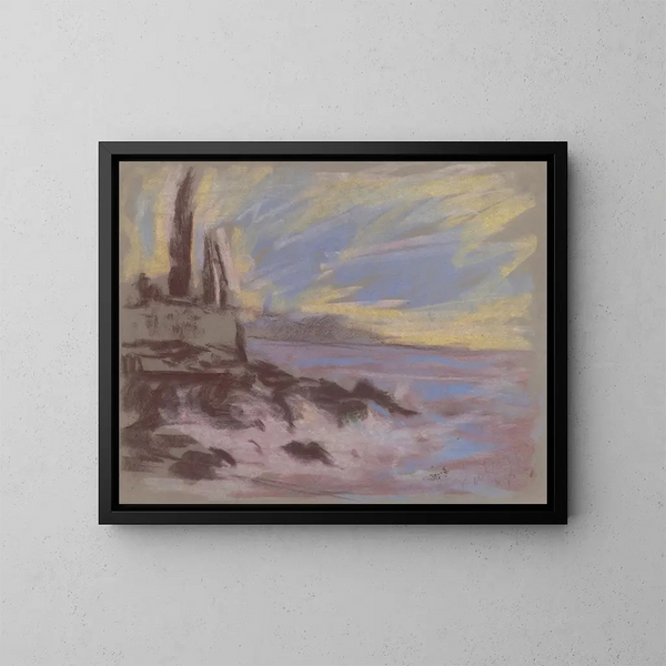 Coastal motif painting with cypress - Zolo Palugyay — framed artwork on a wall