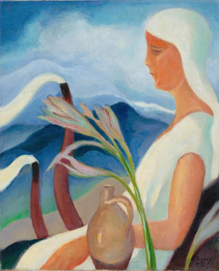 Zolo Palugyay - Girl in White with Factory Chimneys and Flowers.webp