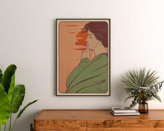 Art Nouveau – L’Heure du silence – Henri Meunier poster, framed above a wooden sideboard between plants.