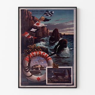 Póster vintage Bretaña – Belle-Île-en-Mer, Bretaña, presentado en un marco delgado sobre una pared clara.