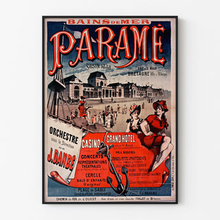 Póster vintage Bretaña – Paramé, bahía de Saint-Malo, presentado en un marco delgado sobre una pared clara.