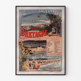 Vintage Brittany – Beaches of Brittany, railways, poster in a thin frame on a light wall.
