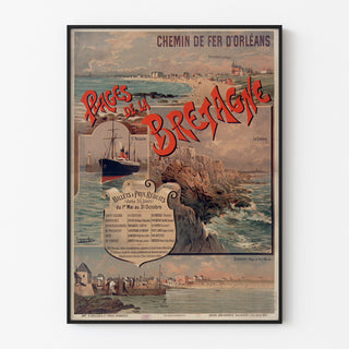 Póster vintage Bretaña – Playas de Bretaña, Orléans, presentado en un marco delgado sobre una pared clara.