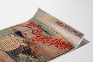 Póster vintage Bretaña – Playas de Bretaña, Orléans, presentado sobre una hoja curvada, visto en perspectiva.
