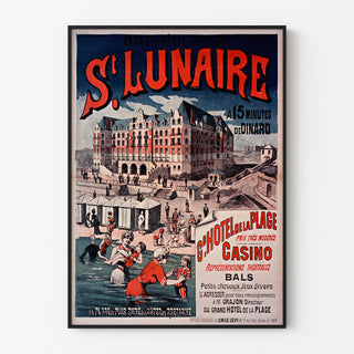 Póster vintage Bretaña – Saint-Lunaire, baños de mar, presentado en un marco delgado sobre una pared clara.
