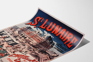 Póster vintage Bretaña – Saint-Lunaire, baños de mar, presentado en una hoja curvada, visto en perspectiva.