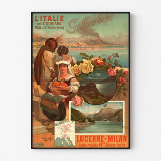 Póster ferroviario – Italia por el San Gotardo, 1892, presentado en un marco delgado sobre una pared clara.