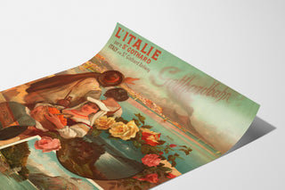 Póster ferroviario – Italia por el San Gotardo, 1892, presentado sobre una hoja curvada en perspectiva.