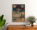 Vintage circus poster Miss Stena—Descent of Absalon—framed above a wooden dresser between plants.