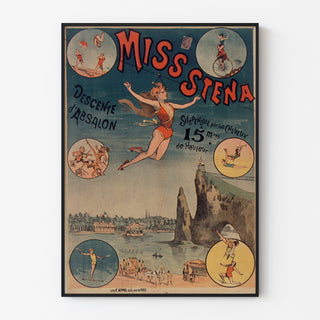 Vintage circus poster Miss Stena—Descent of Absalon—framed in a thin frame on a light wall.