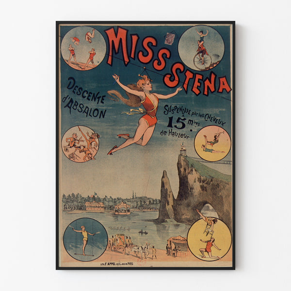 Póster de circo vintage Miss Stena, descenso de Absalon, enmarcado en un marco delgado sobre una pared clara.
