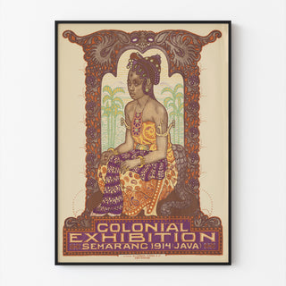 Póster histórico – Exposición colonial de Semarang, 1914, mostrado en un marco delgado sobre una pared clara.