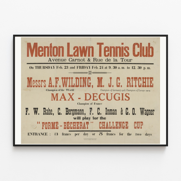 Cartel Menton Lawn Tennis Club, presentado en un marco delgado sobre una pared clara.