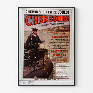 Póster Normandía vintage – Cherbourg, chemins de fer de l’Ouest, presentado en un marco fino sobre una pared clara.