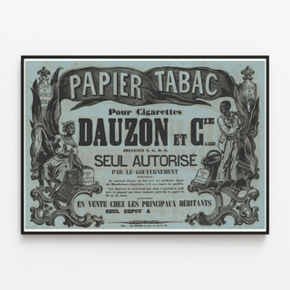Tobacco paper poster for cigarettes — Dauzon et Cie, Agen, shown in a slim frame on a light wall.