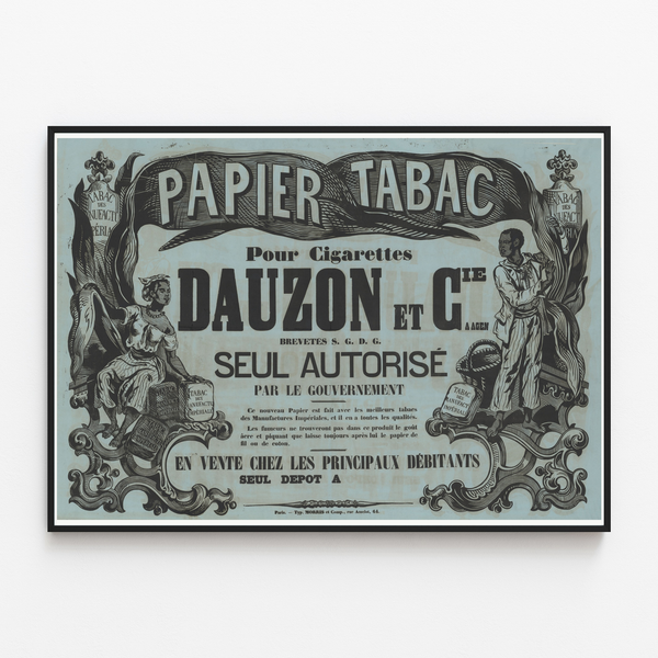 Póster Papel de tabaco para cigarrillos — Dauzon et Cie, Agen, mostrado en un marco fino sobre una pared clara.