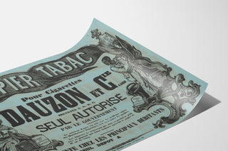 Tobacco paper for cigarettes — Dauzon et Cie, Agen, shown on a curved sheet, viewed in perspective.