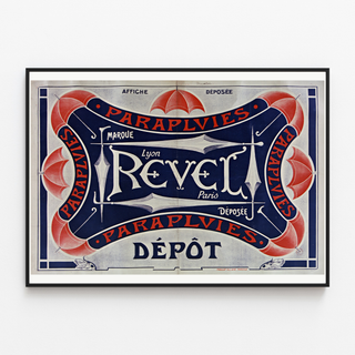 Póster Paraguas Revel — Marca registrada, Lyon, París, mostrado en un marco fino sobre una pared clara.