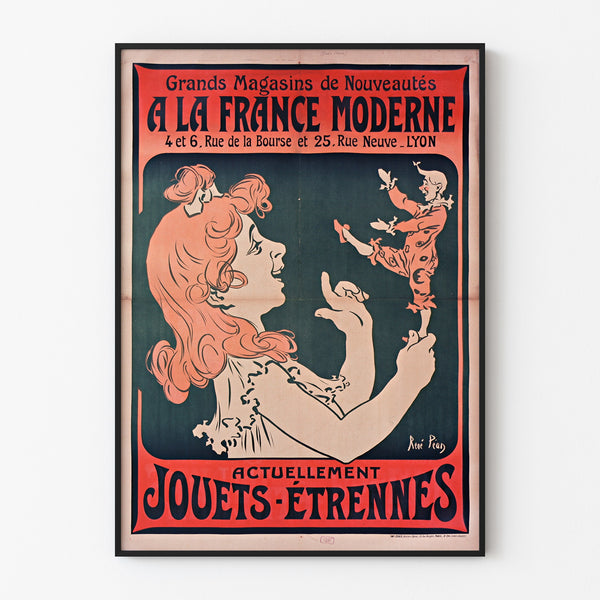 Póster publicitario vintage À la France moderne, Lyon, presentado en un marco delgado sobre una pared clara.